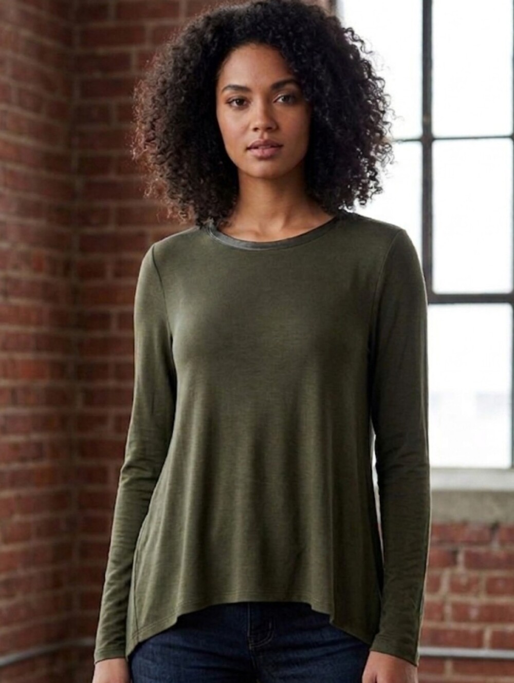Zara Collection Olive Flowy Long Sleeve High Low Swing Top Size Small